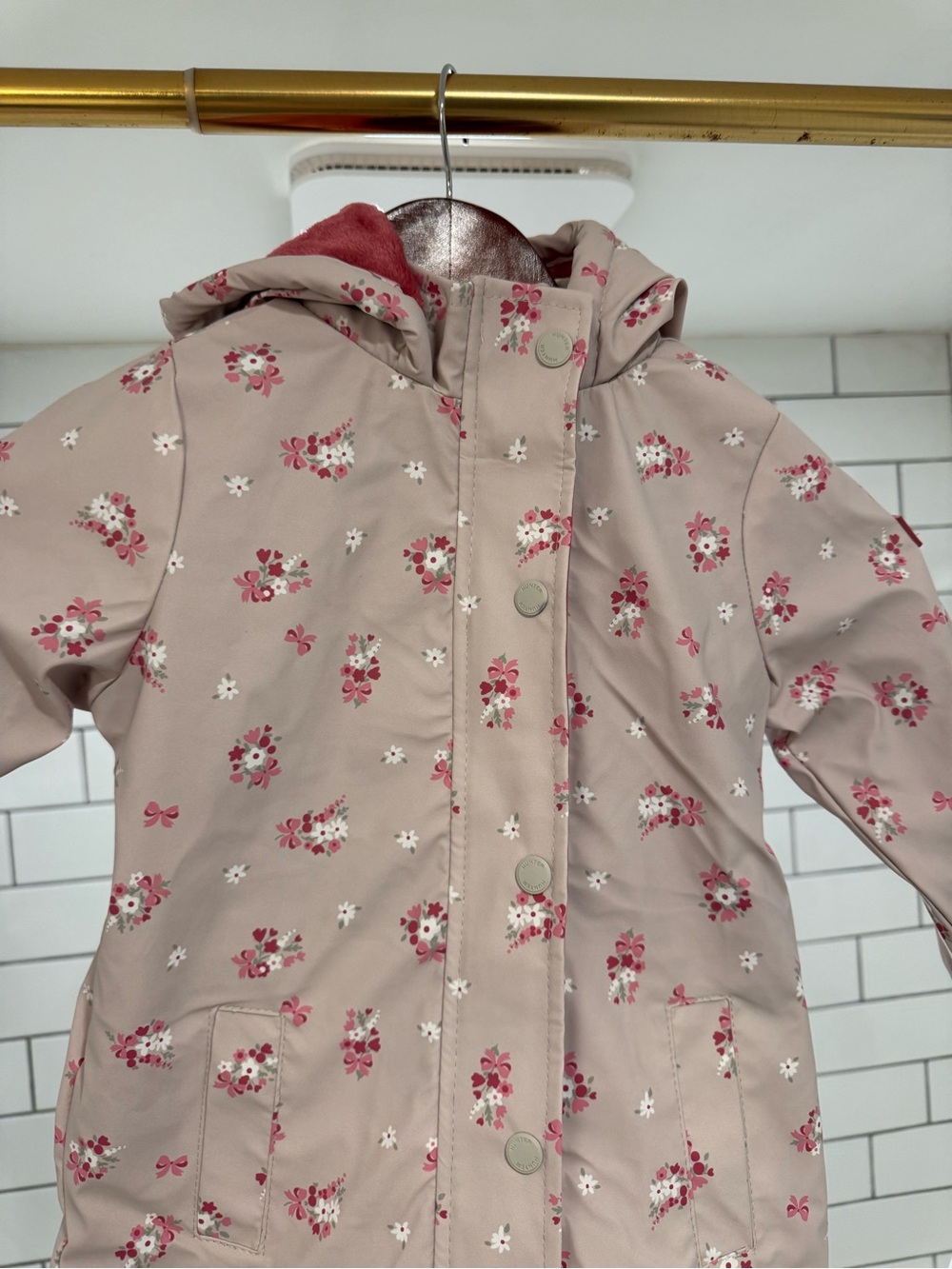 Hunter NWT Little Girls Tan/Pink Floral Printed Fleece-Lined Rain Jacket